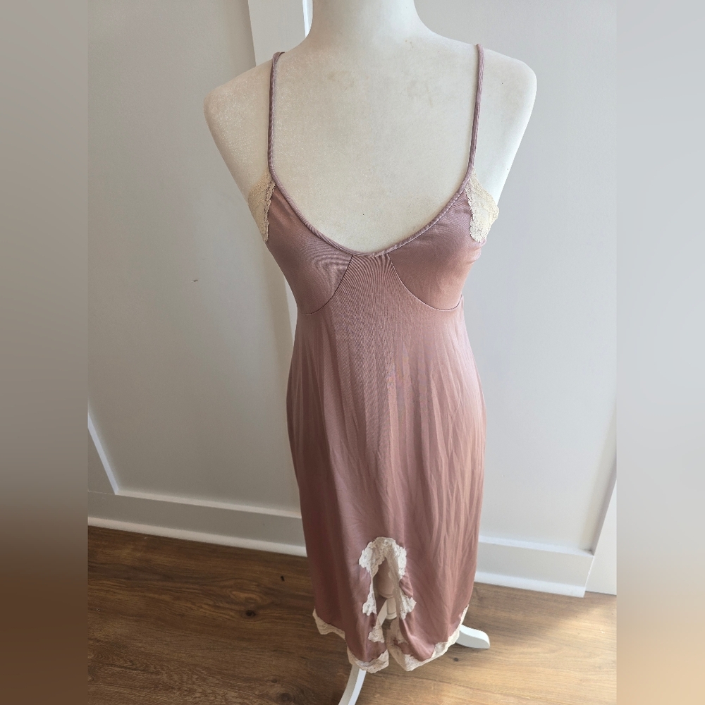 Vintage Mauve Chemise Slip Dress with Lace Accents Size Small
